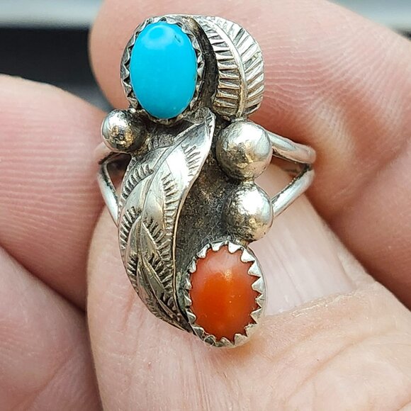 VTG Old Pawn Sterling Silver Turquoise Coral Ring SZ 5.5 Handmade Southwestern - Picture 3 of 9